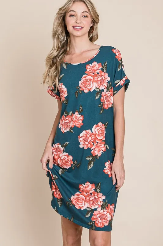 Floral Round Neck Short Tee Dress with Pockets, image 2