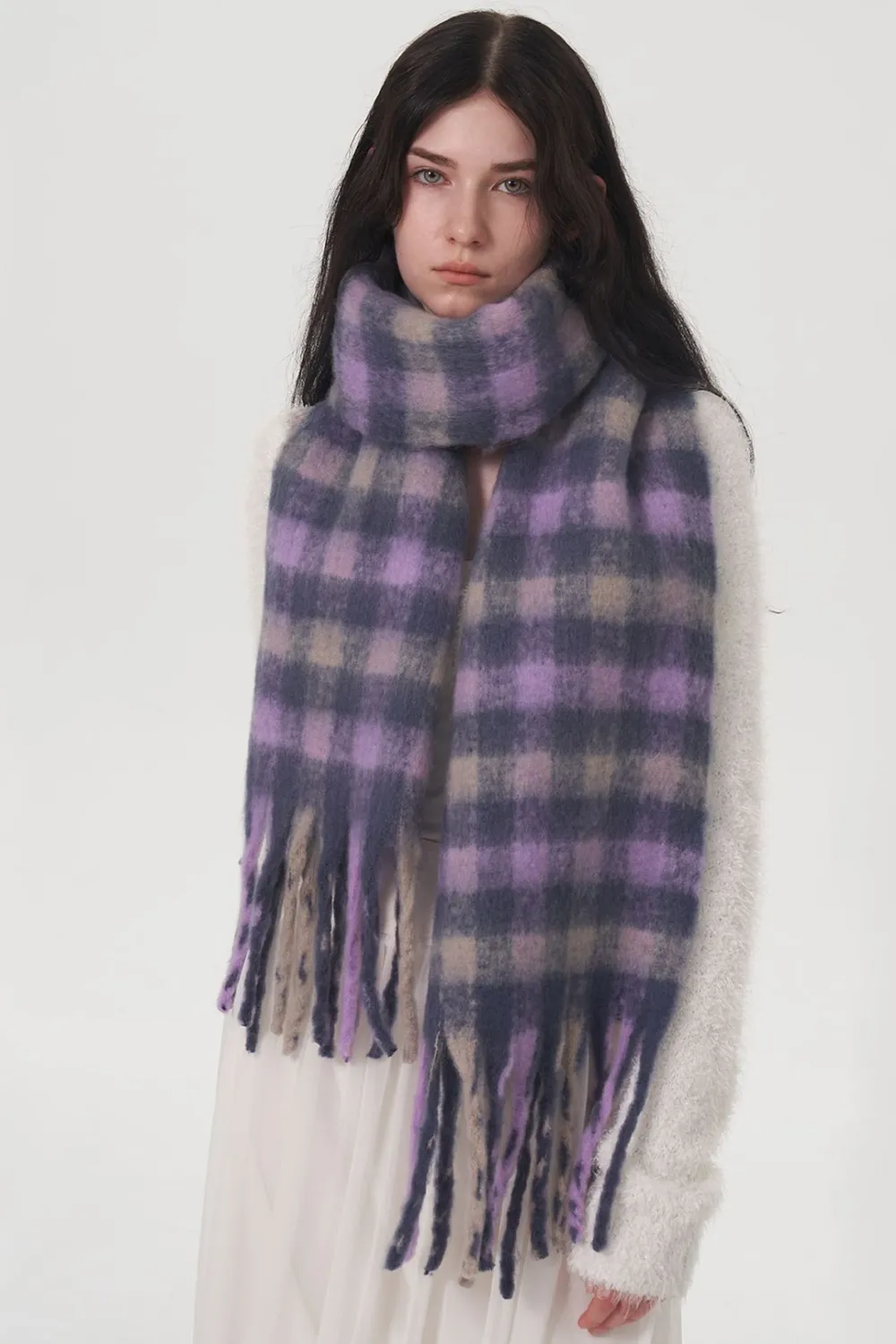 Fringe Plaid Polyester Scarf