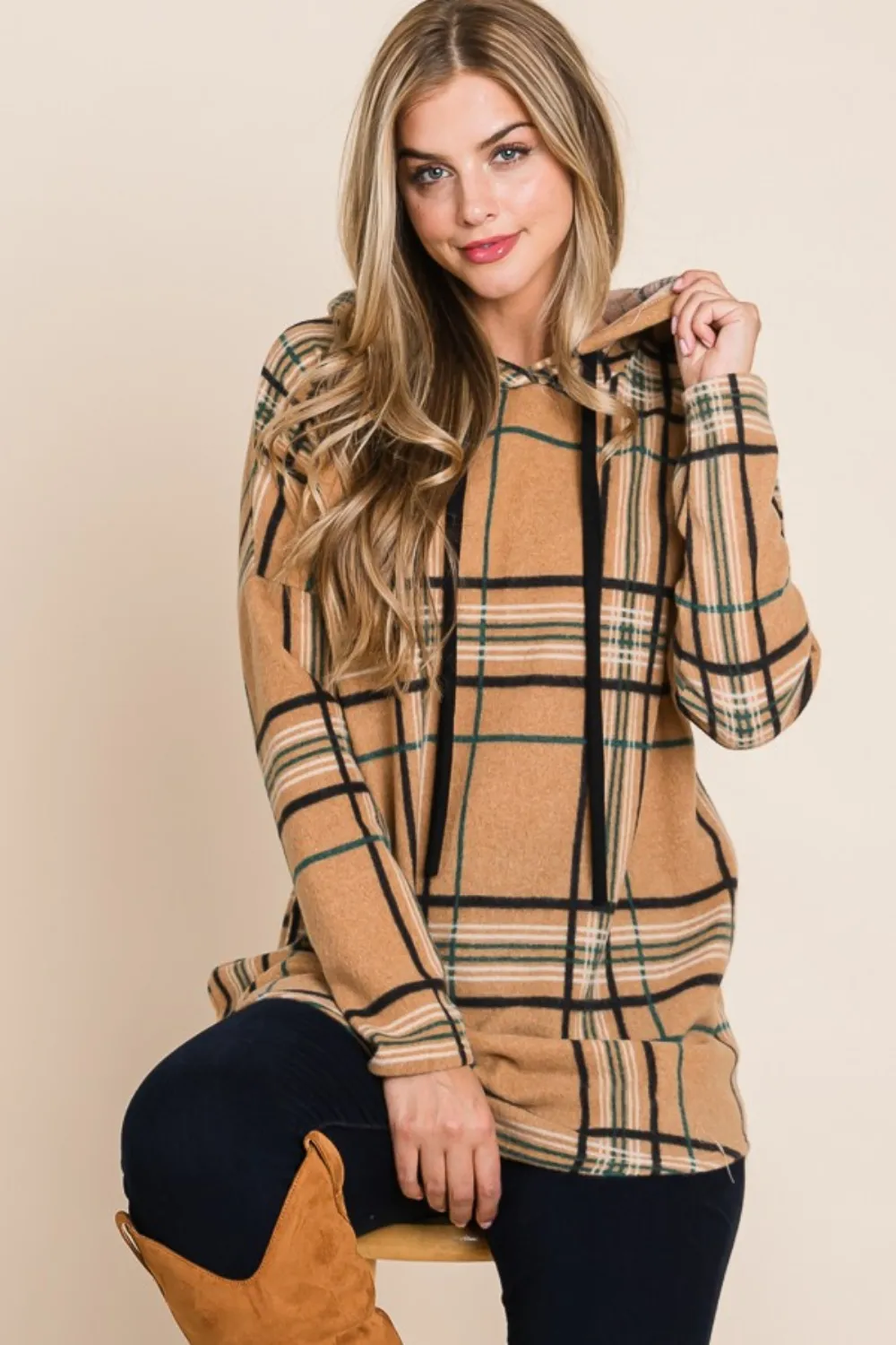 Drawstring Plaid Long Sleeve Hoodie, image 4
