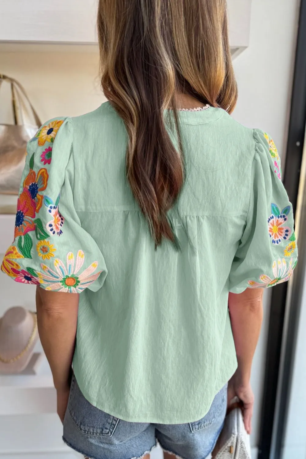 Embroidered Tie Neck Short Sleeve Blouse, image 6