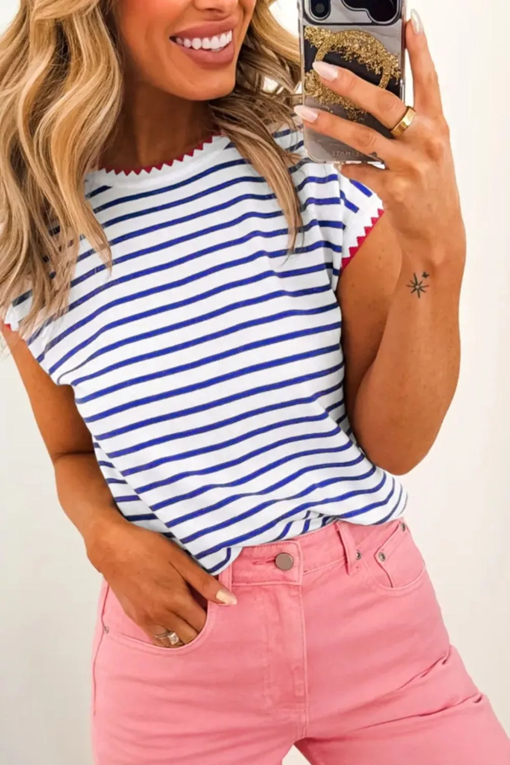 Stripe Contrast Trim Round Neck Cap Sleeve Tee, image 3