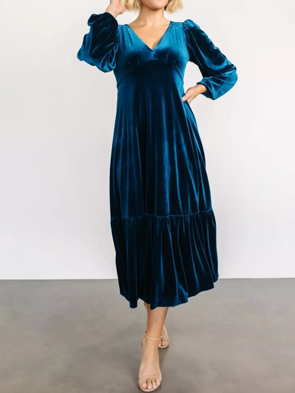 Velvet Tiered Long Sleeve Midi Dress, image 18