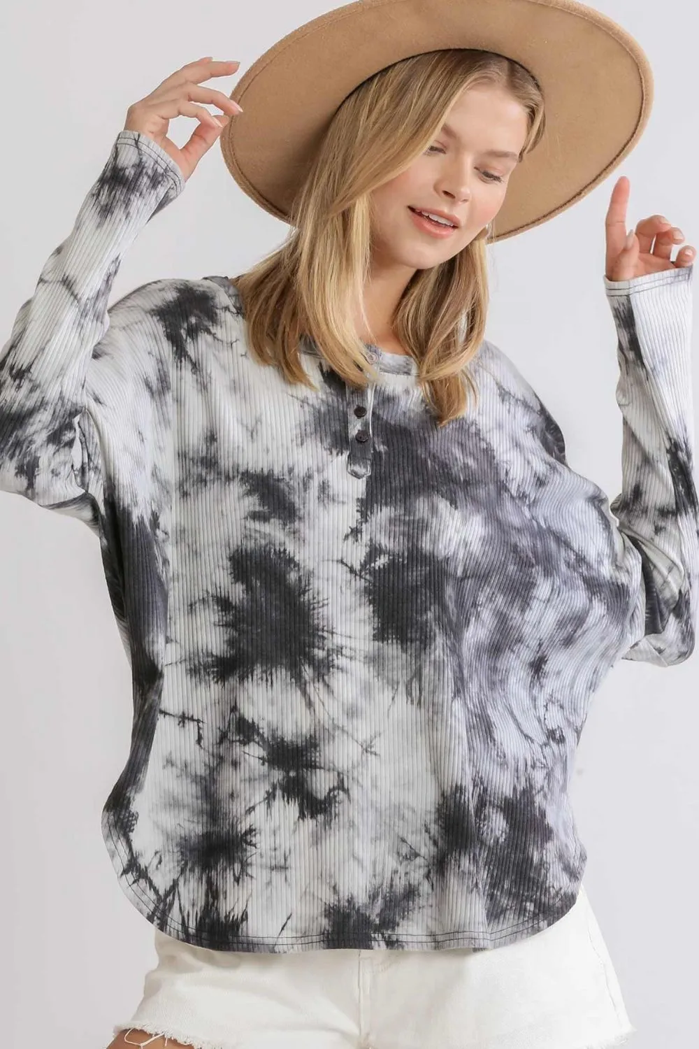 Full Size Tie Dye Round Neck Ribbed Button Front Top Plus Size, image 2