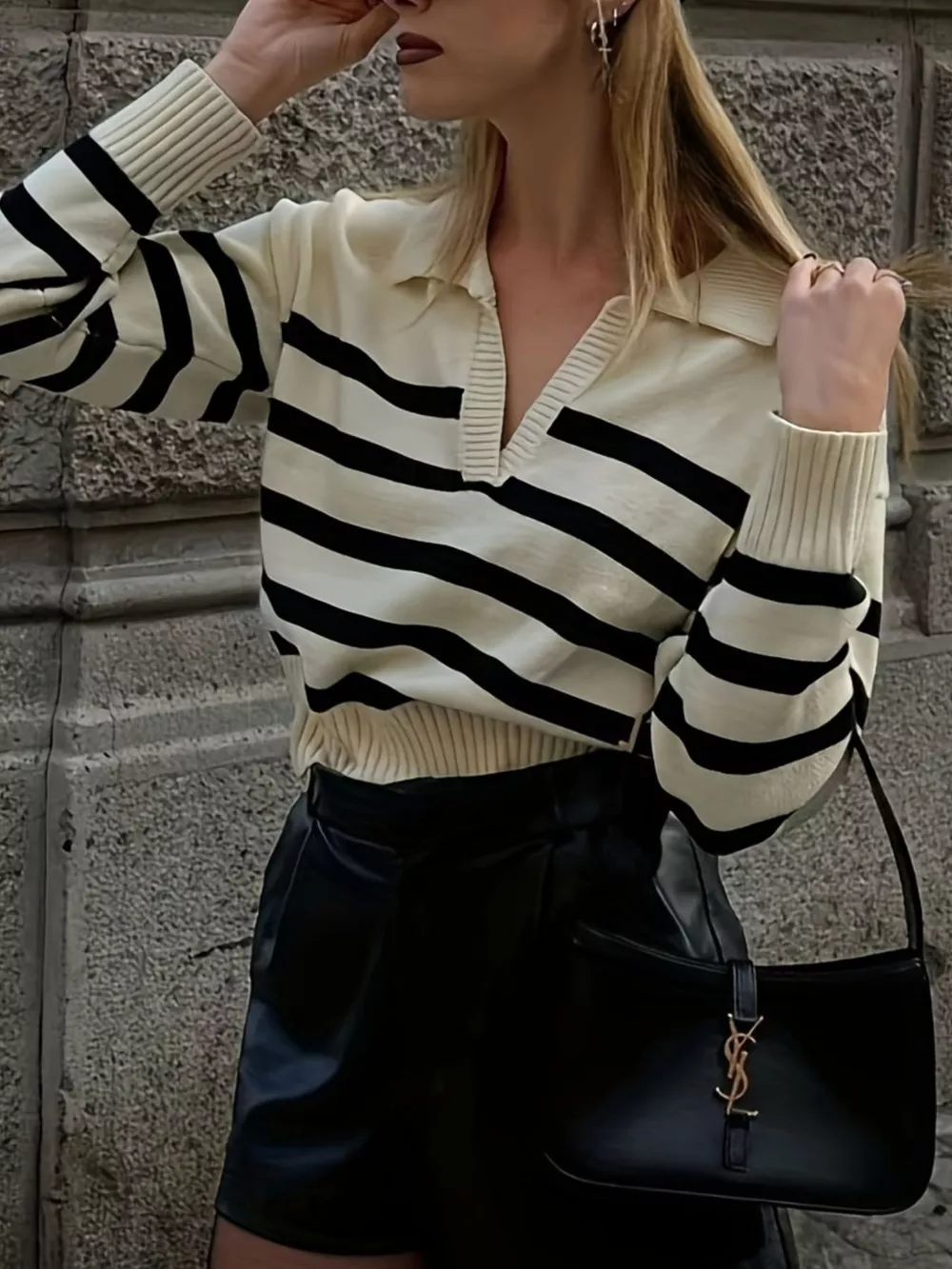 Striped Polo Collar Knit Sweater, image 2