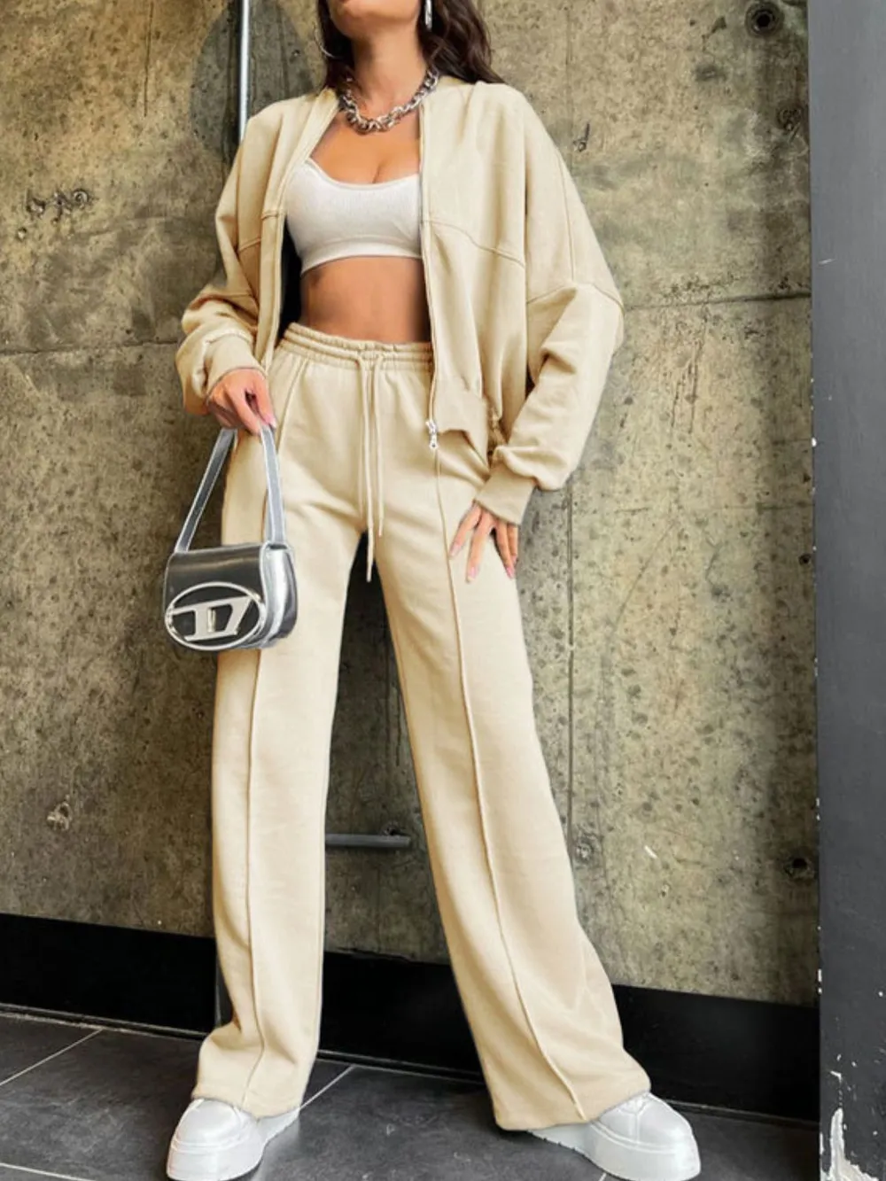Baseball Collar Zip Up Top and Drawstring Paants Set, image 7