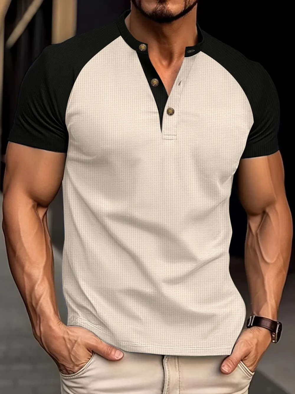 Men's Full Size Waffle-Knit Round Neck Contrast Polo Plus Size