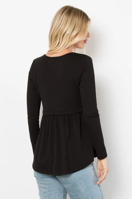 Full Size Texture Babydoll Round Neck Long Sleeve Knit Top, image 2