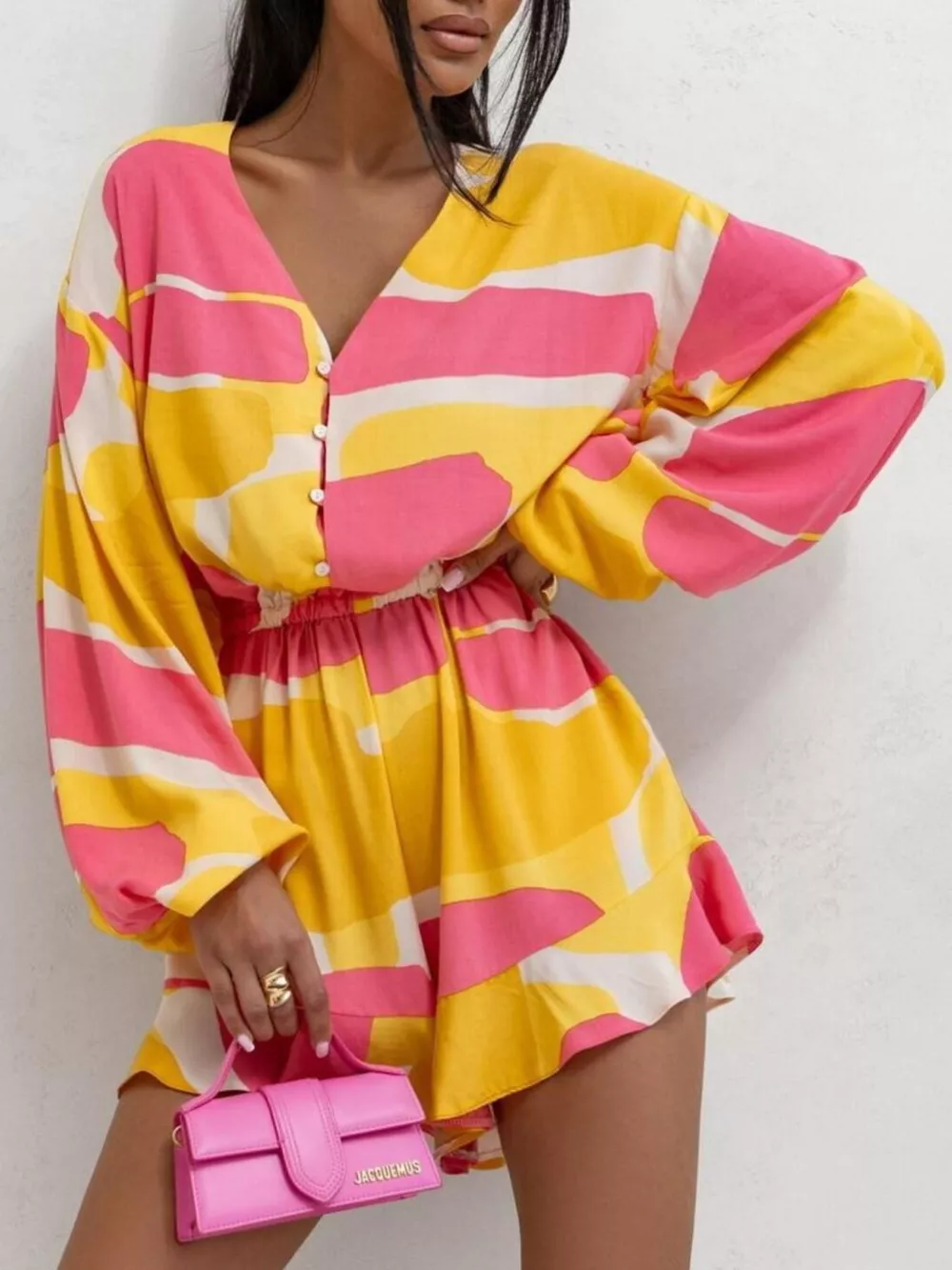 Floral V-Neck Long Sleeve Romper with Elastic Waist, image 8