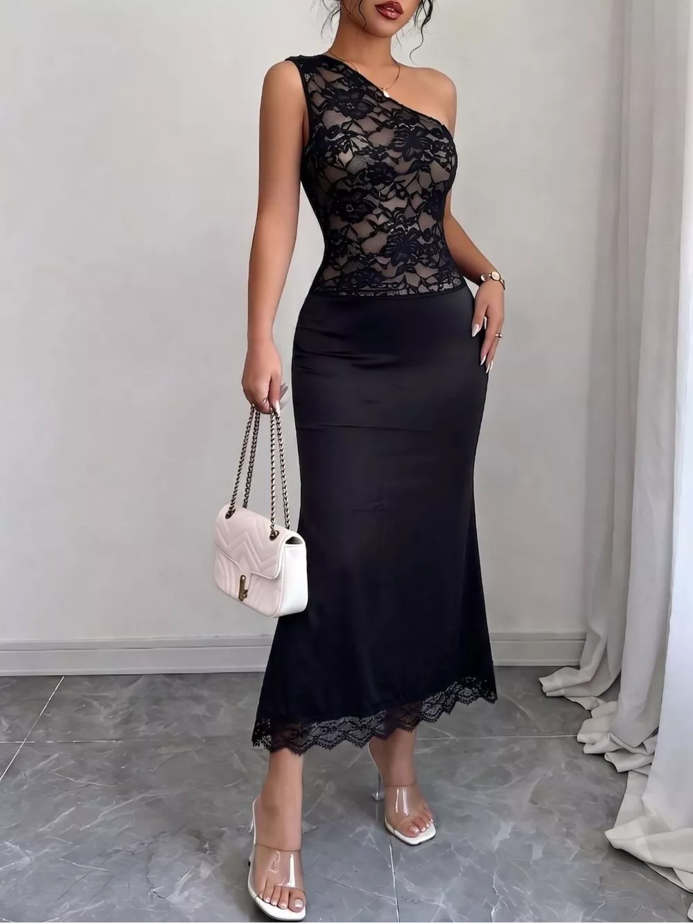 One-Shoulder Lace Trimmed Midi Dress