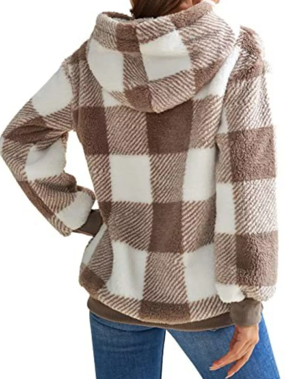 Full Size Plaid Sherpa Drawstring Hoodie Plus Size, image 7