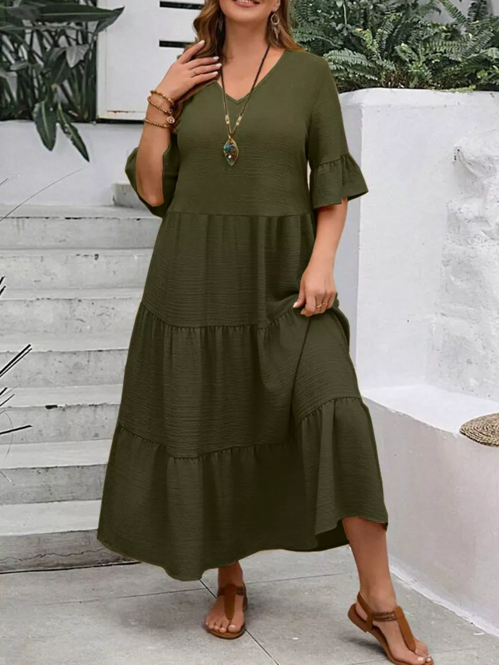 Plus Size Ruffle Sleeves Tiered Midi Dress, image 8