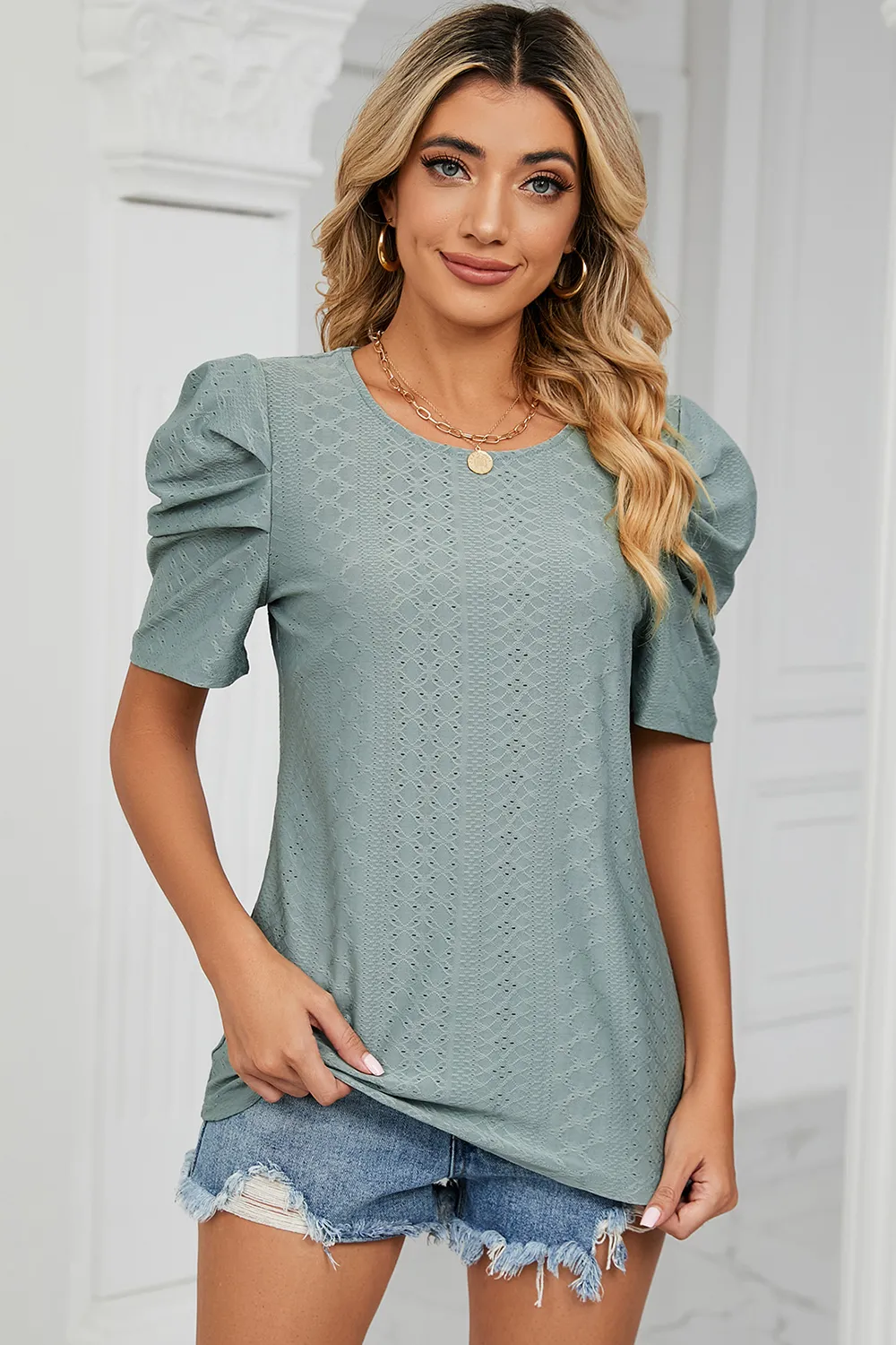 Eyelet Round Neck Puff Sleeve T-Shirt, image 17
