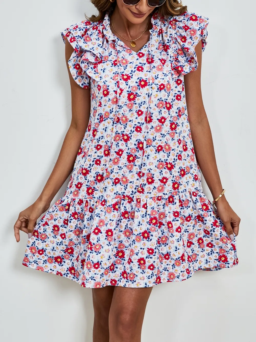 Tied Floral Cap Sleeve Mini Dress, image 3