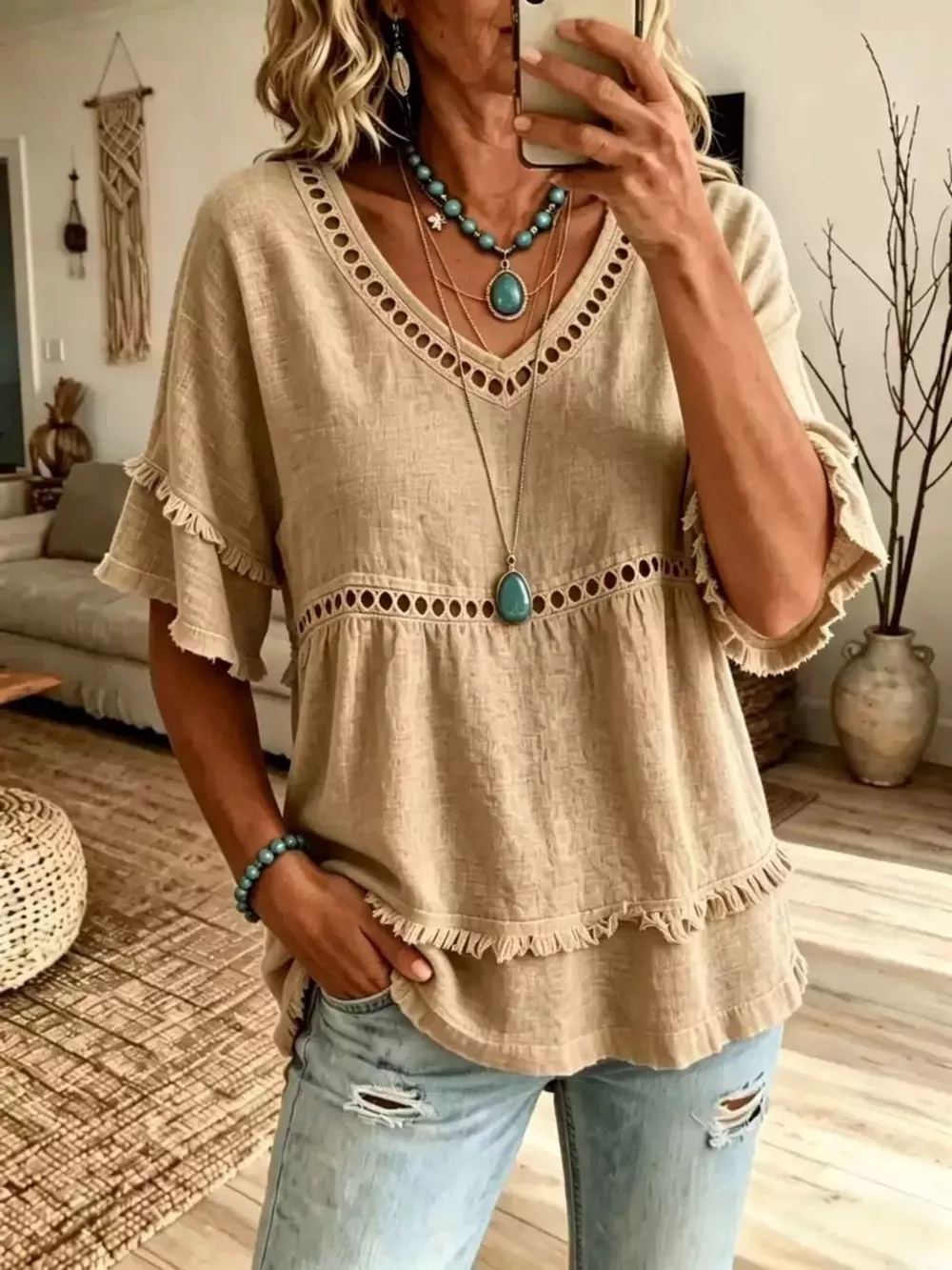 Eyelet V-Neck Frayed Edge T-Shirt, image 7