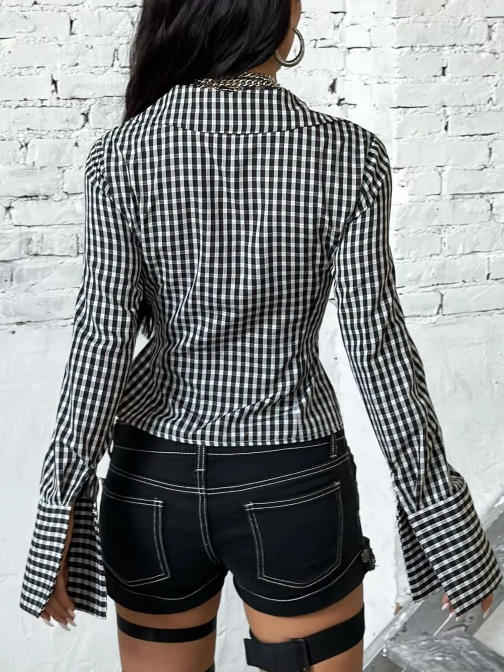 Gingham Tie-Front Long Sleeve Blouse, image 4