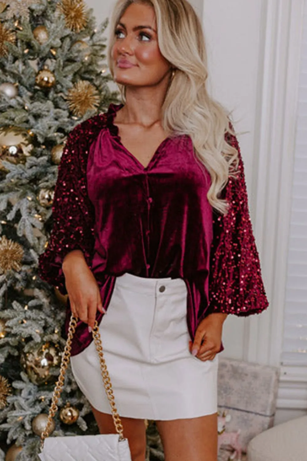 Sequin Notched Long Sleeve Blouse, image 17