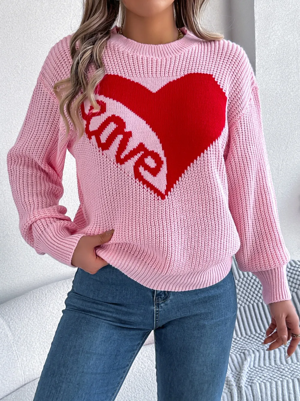 LOVE Heart Round Neck Dropped Shoulder Sweater, image 2