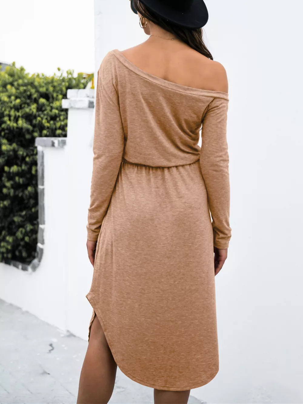 One-Shoulder Long Sleeve Midi Dress with Drawstring Waist, image 19