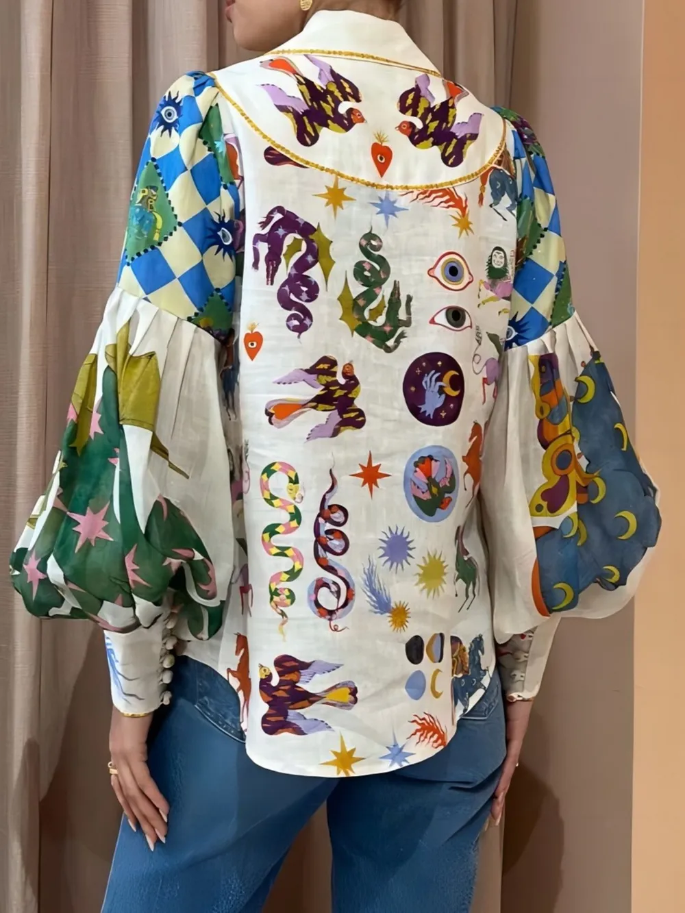 Printed Button Up Lantern Sleeve Shirt, image 4