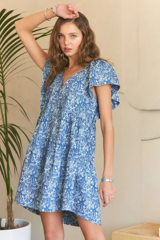 Printed V-Neck Ruffle Sleeve Mini Dress, image 3