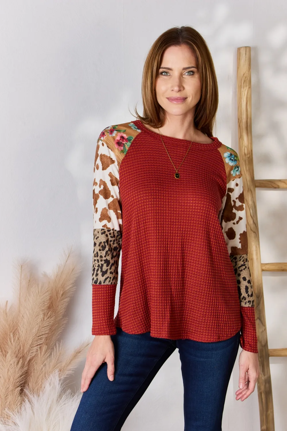 Full Size Leopard Waffle-Knit Blouse, image 8