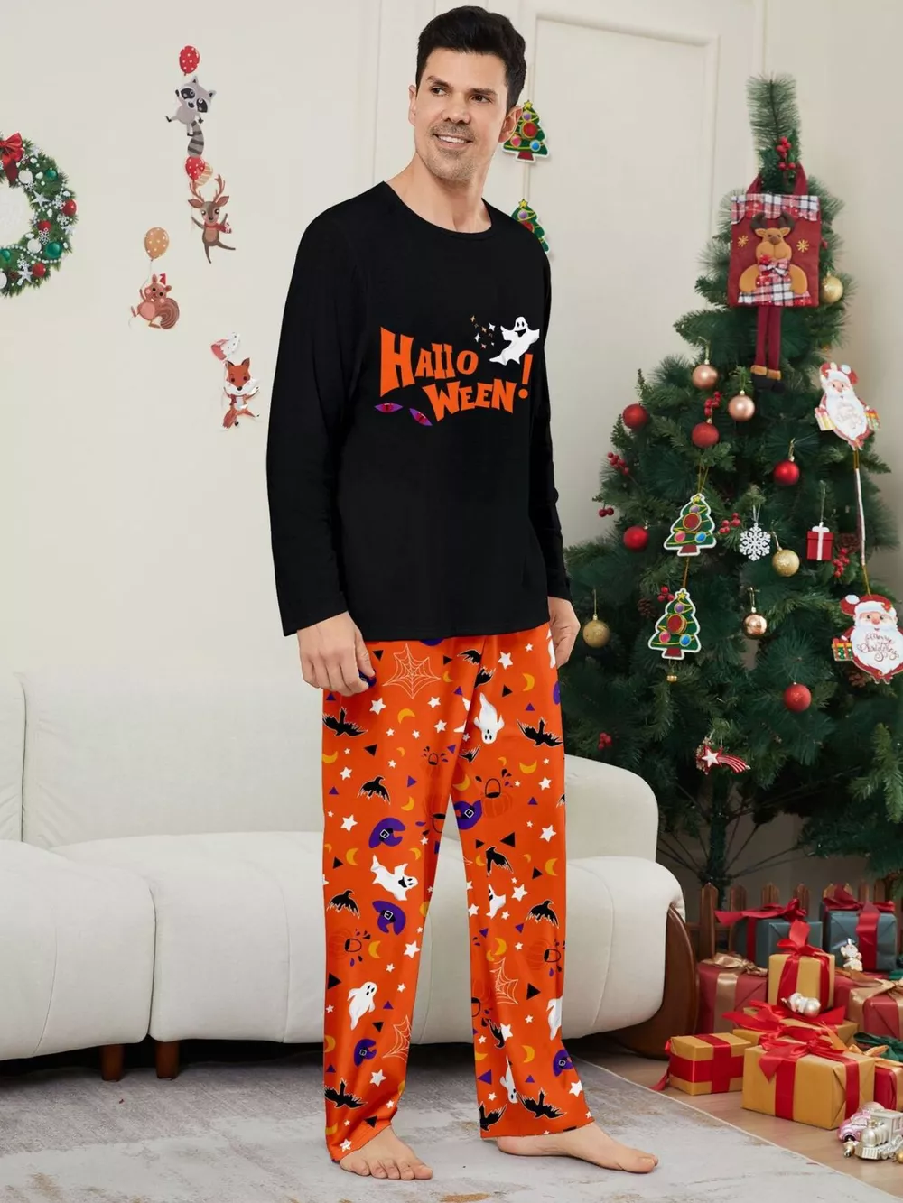 Full Size Halloween Family Matching Pajama Set with Ghost and Pumpkin Print Plus Size