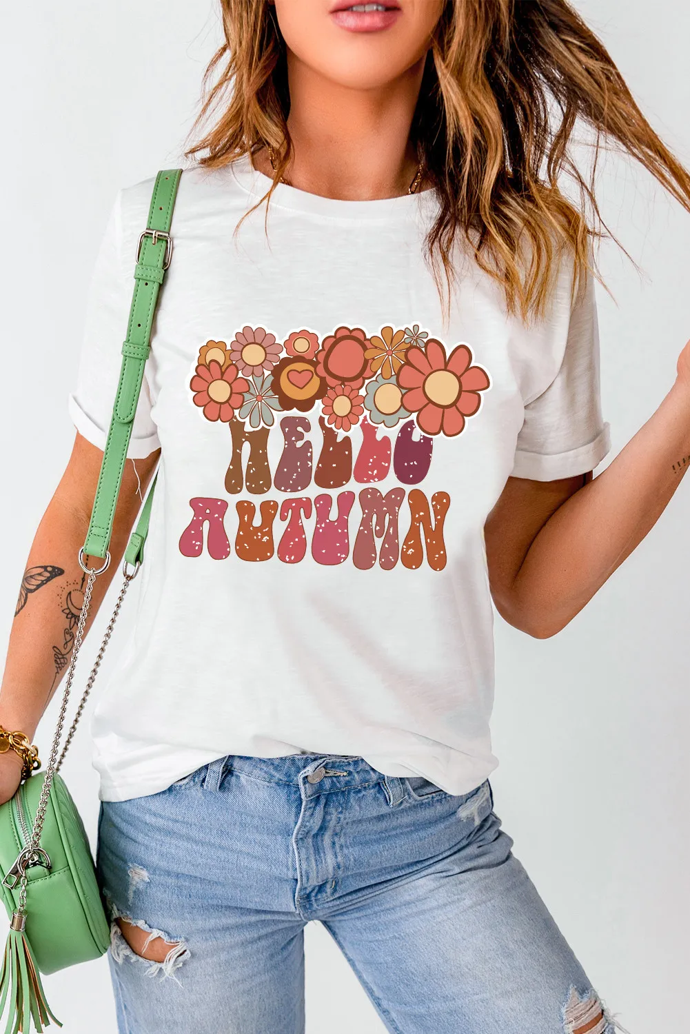 Flower & Letter Graphic Round Neck Short Sleeve T-Shirt, image 4