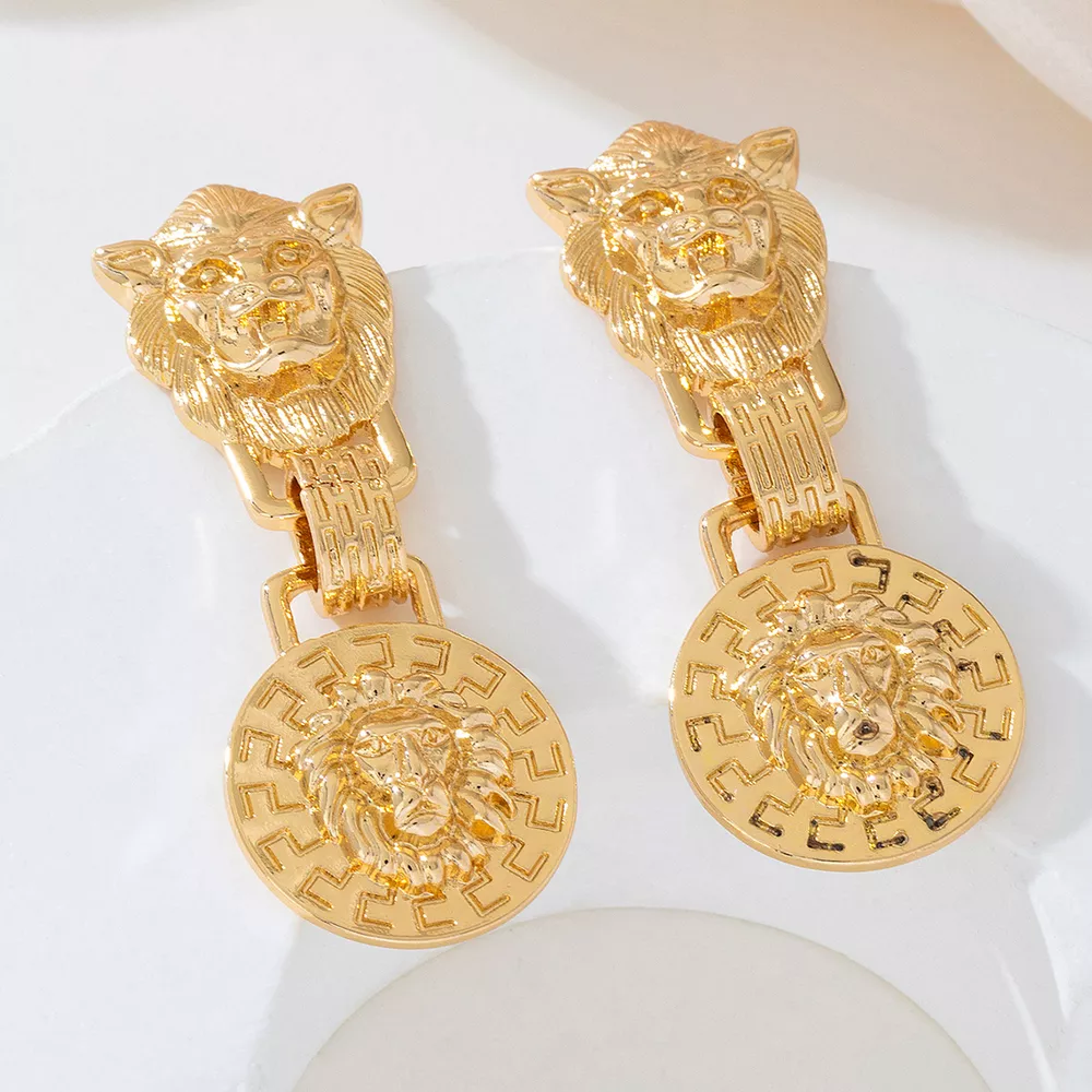 18K Gold-Plated Lion Head Medallion Drop Earrings, image 4
