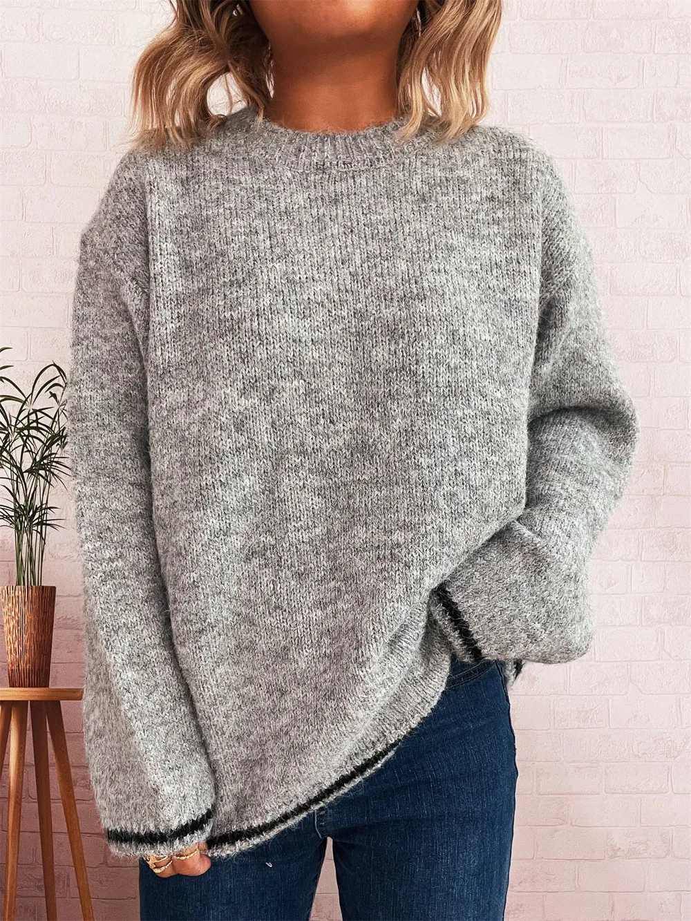 Contrast Trim Round Neck Cozy Sweater, image 29