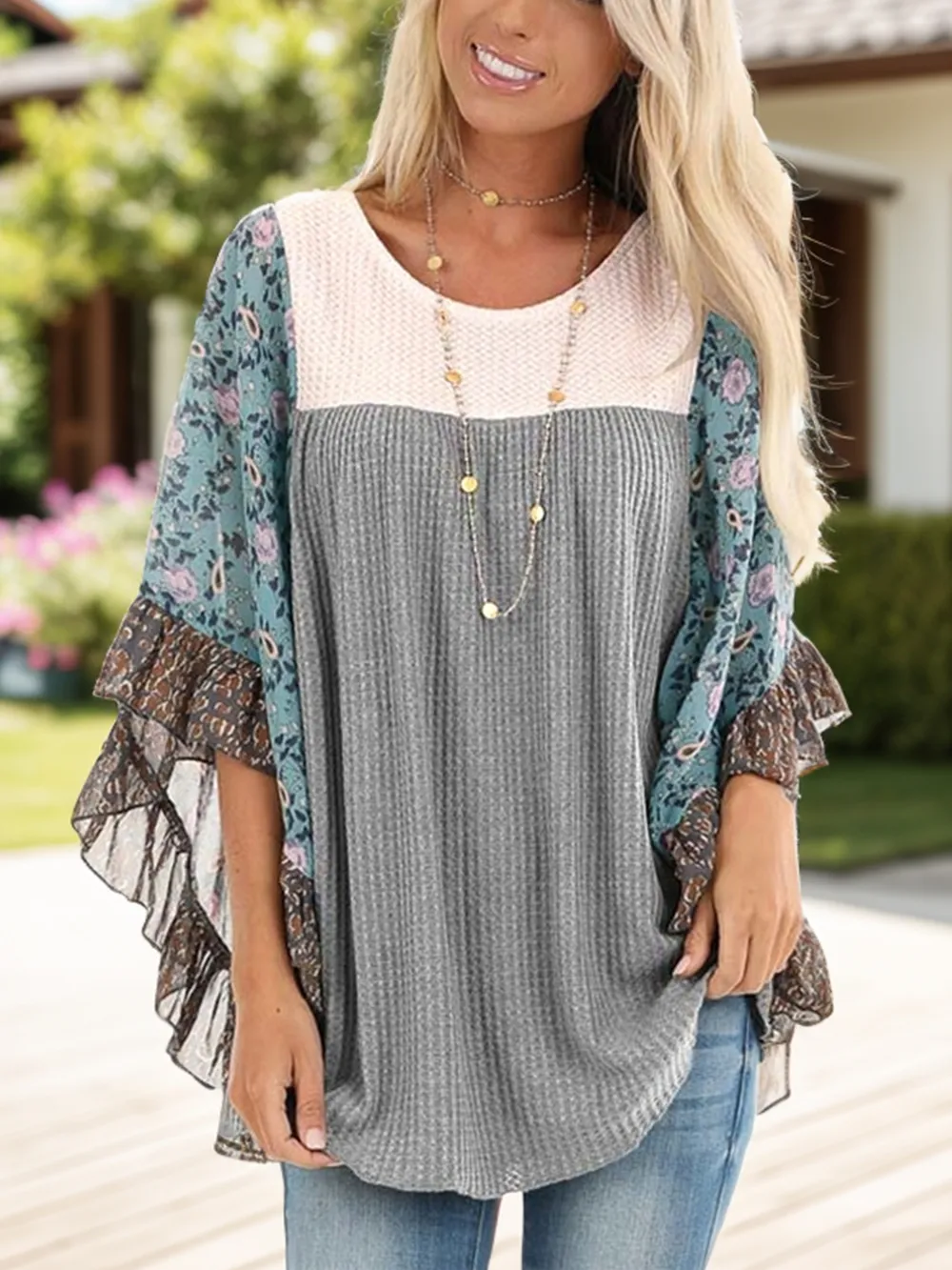 Full Size Printed Round Neck Three-Quarter Sleeve Blouse, image 20