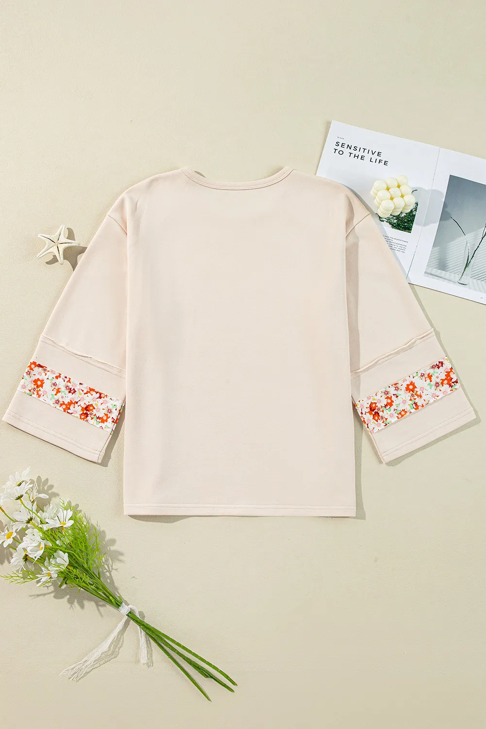 Exposed Seam Slit Floral Round Neck Blouse, image 8