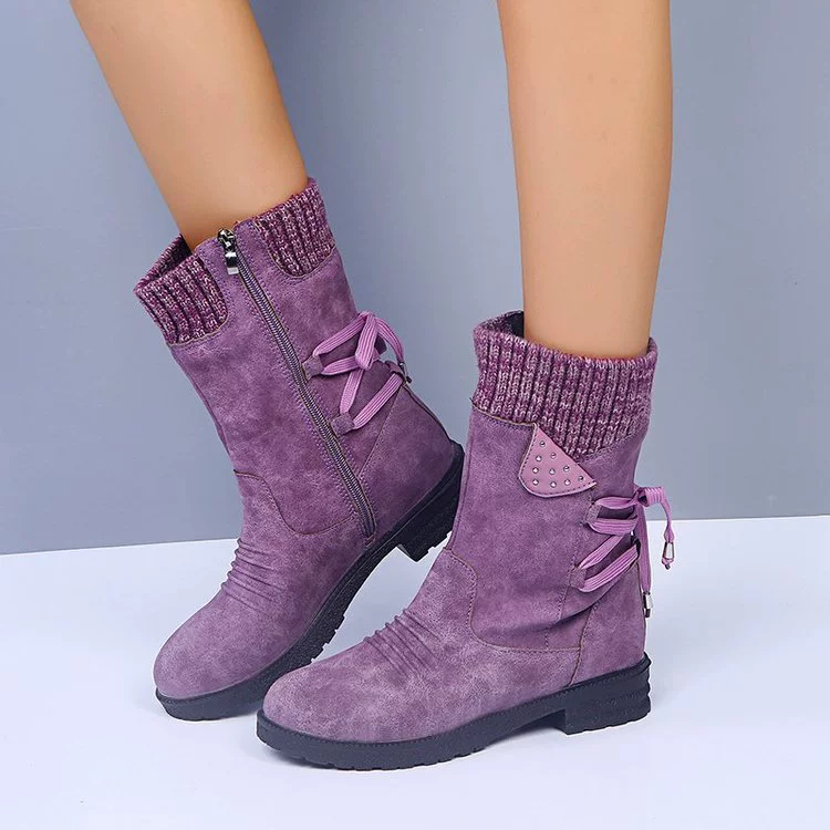 Knitted Cuff Round Toe Boots, image 4
