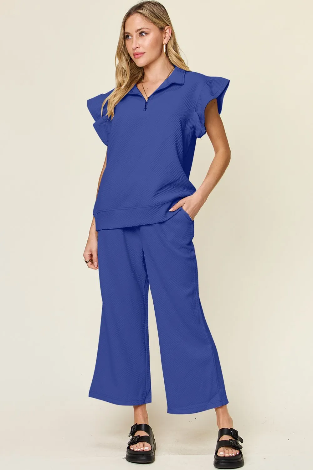 Texture Ruffle Short Sleeve Top and Drawstring Wide Leg Pants Set, image 33