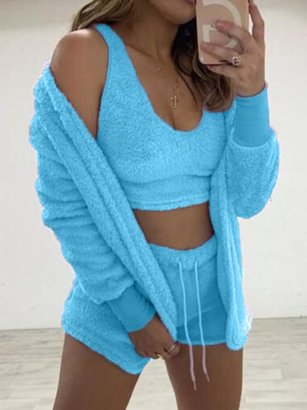 Full Size Fuzzy Tank & Cardigan and Shorts Three-Piece Set Plus Size, image 3