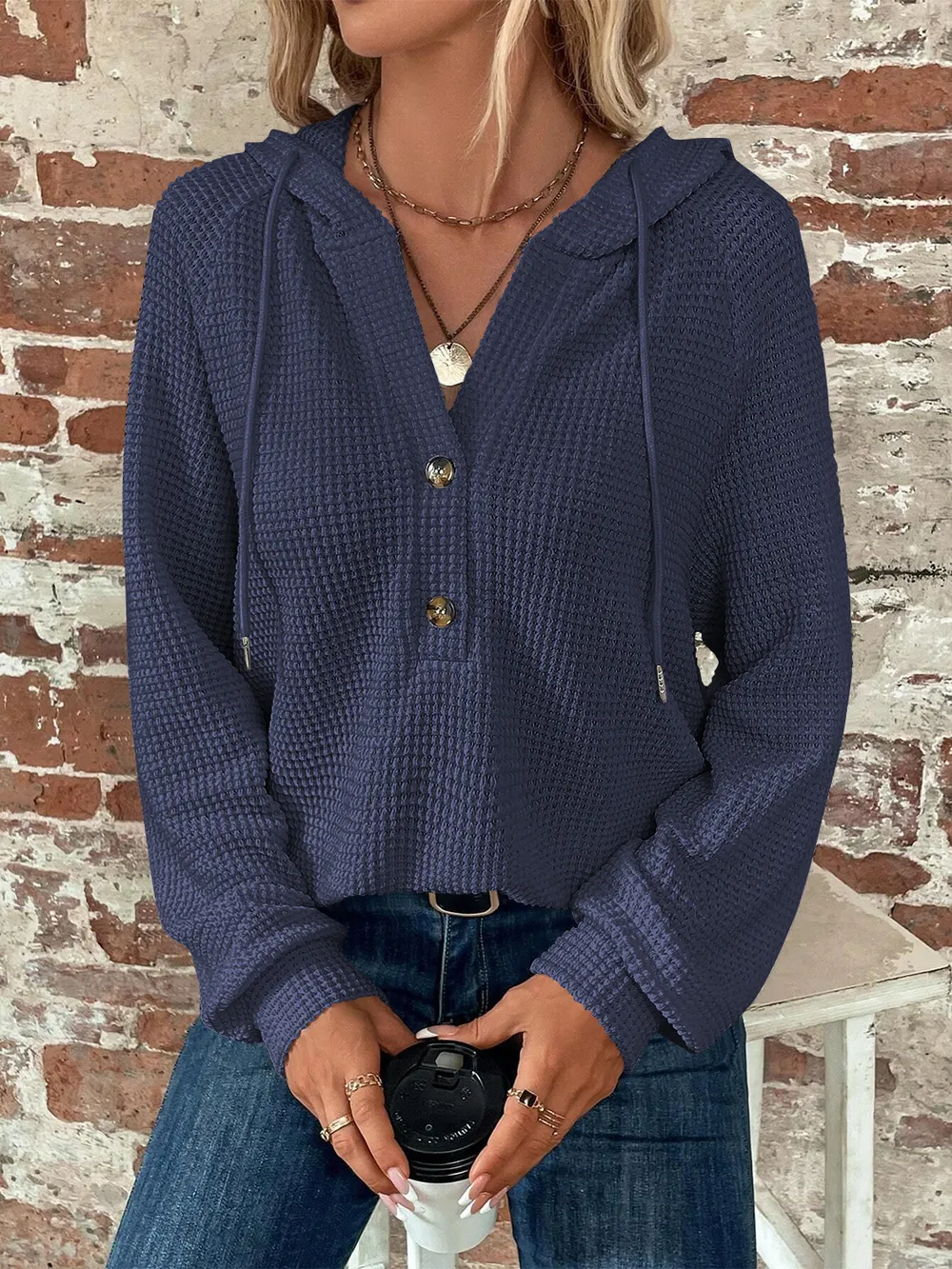 Waffle Knit Long Sleeve Drawstring Hooded Top, image 7