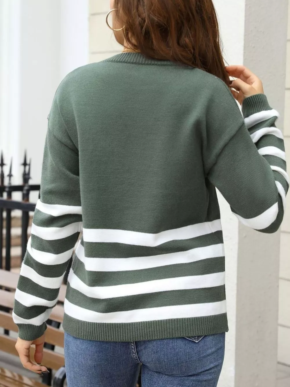 Striped Trim Crew Neck Sweater, image 12