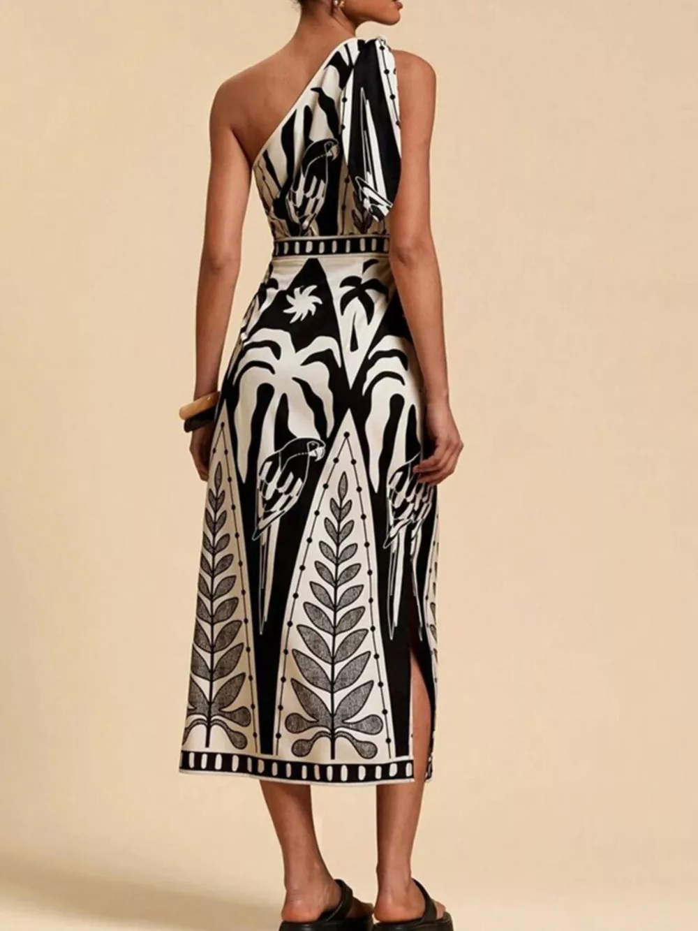 One-Shoulder Tropical Print Midi Dress, image 7