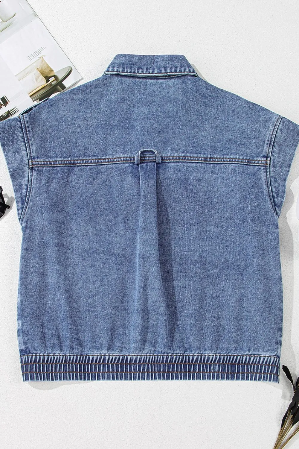 Button Up Cap Sleeve Denim Jacket, image 13