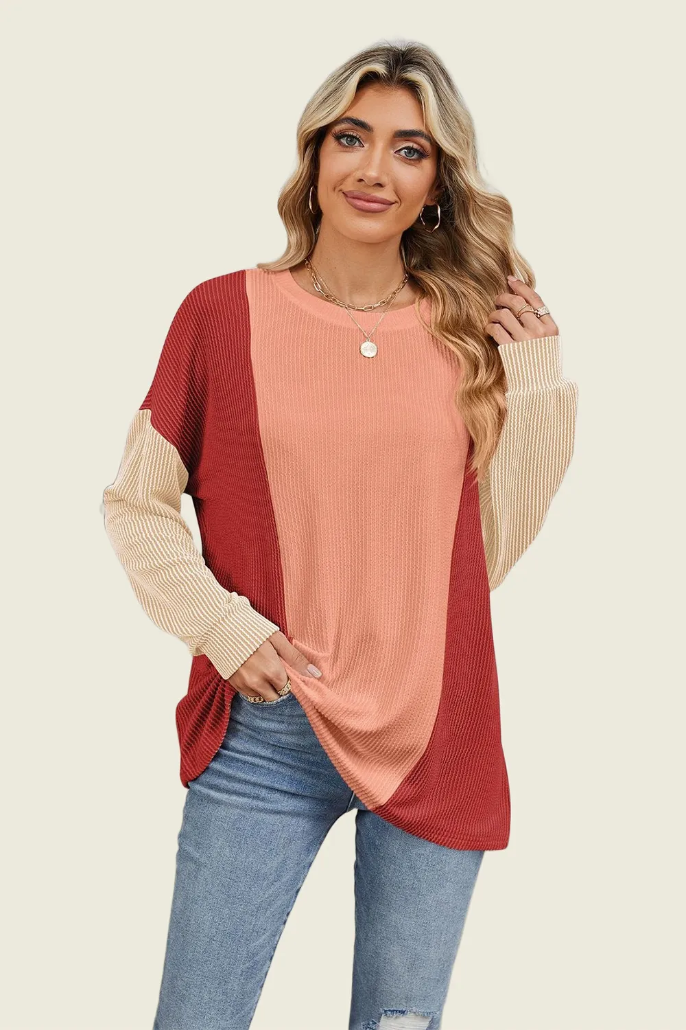 Texture Contrast Round Neck Long Sleeve T-Shirt, image 8
