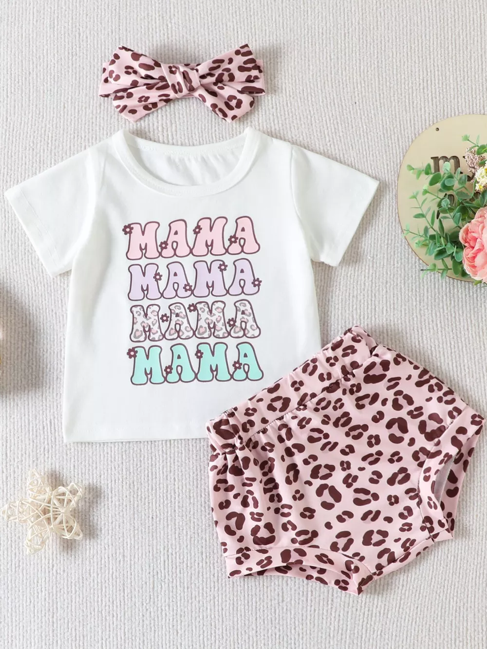 Children's Mama Graphic Tee and Leopard Shorts Set with Headband, image 2