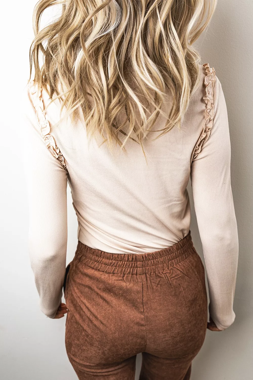 Solid Color Round Neck Frill Detail Long Sleeve Top, image 3