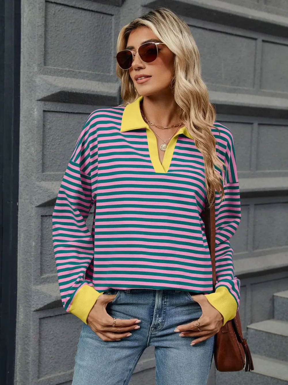 Striped Johnny Collar Long Sleeve Sweatshirt, image 17