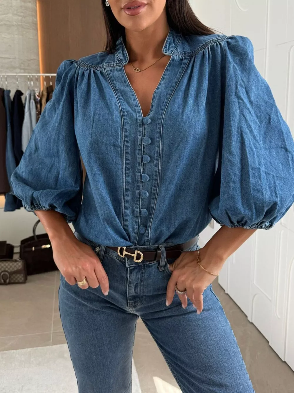 Button-Down Puff Sleeve Denim Top, image 9