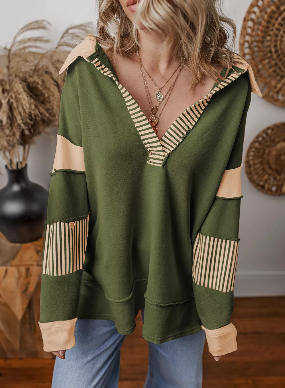 Color Block Striped Johnny Collar Sweatshirt, image 28