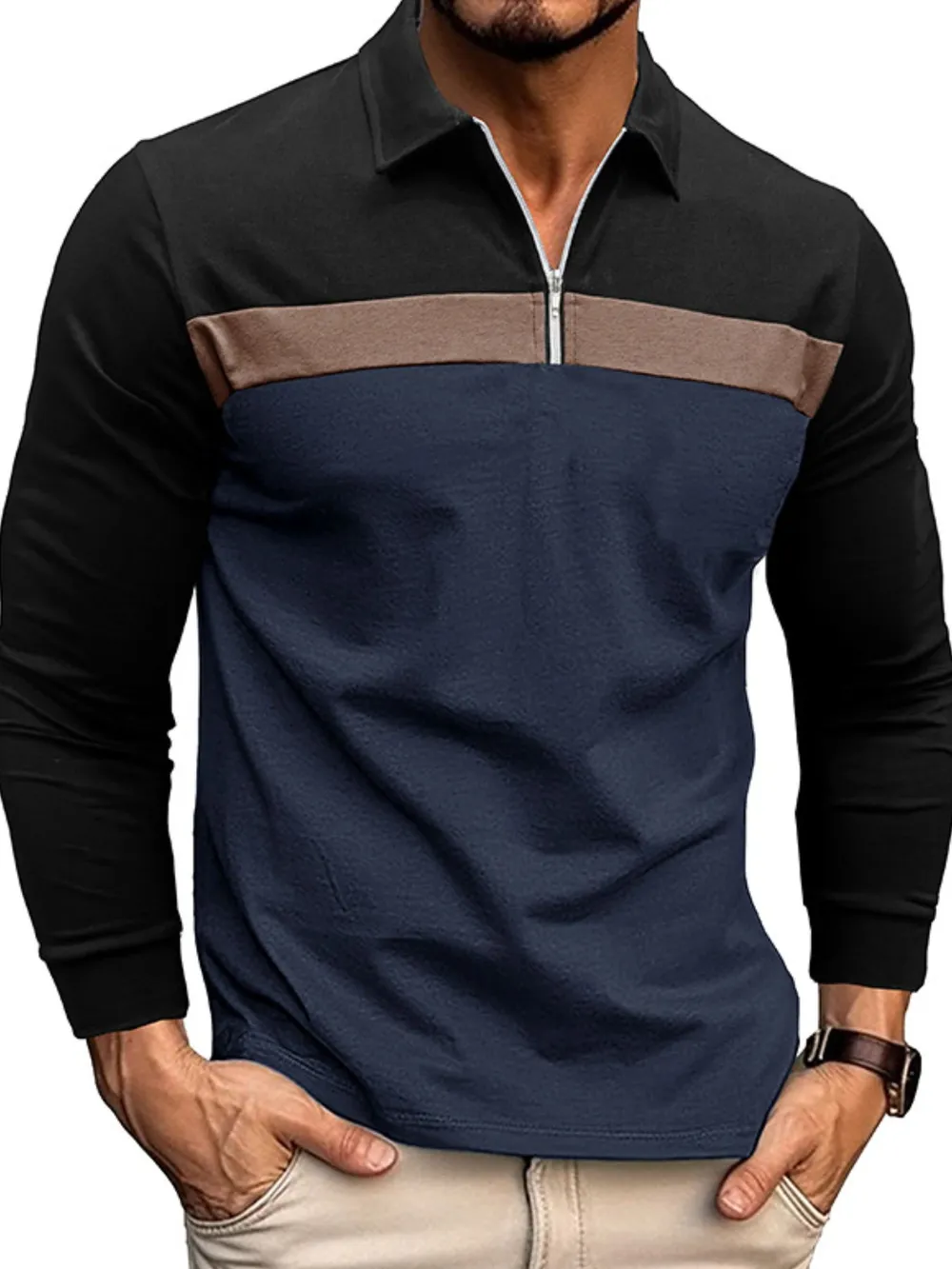 Men's Color Block Long Sleeve Polo Shirt, image 2
