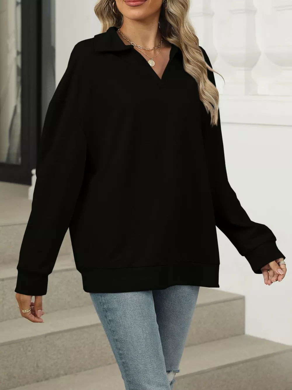 Johnny Collar Drop Shoulder Long Sleeve Sweatshirt