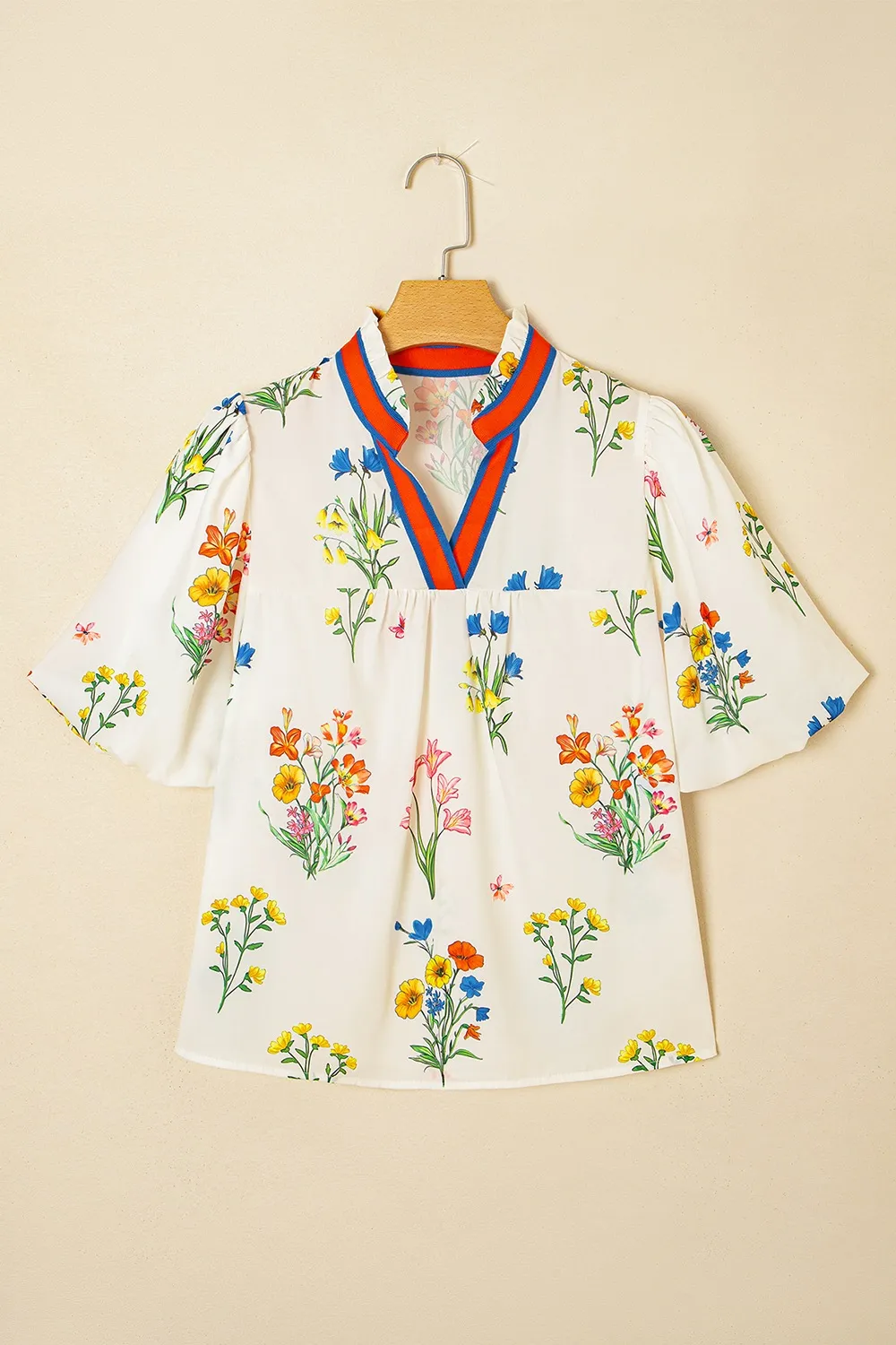Floral Short Puff Sleeve Notched Blouse, image 7