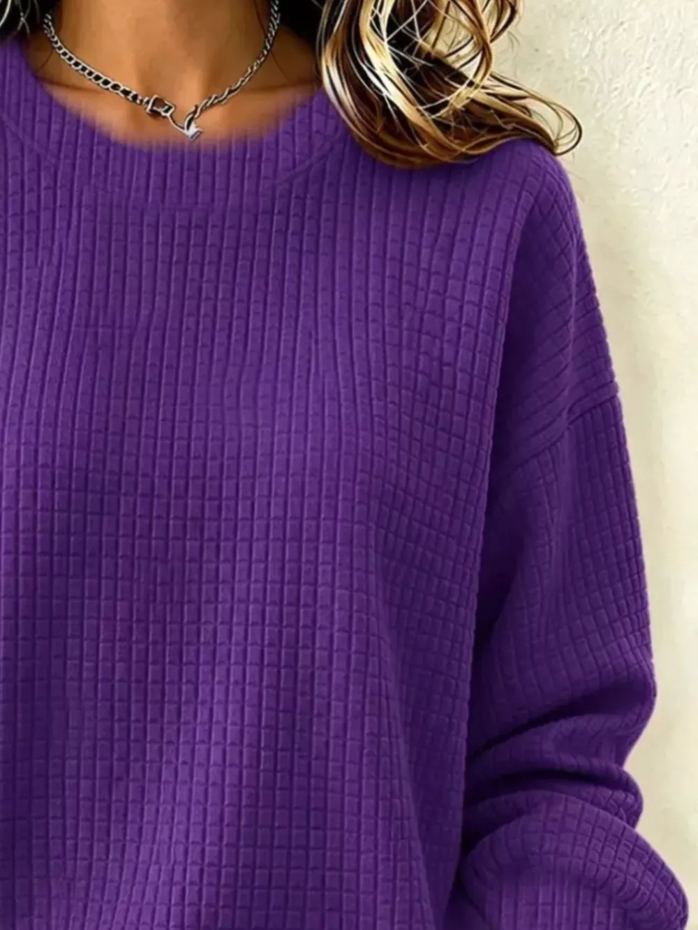 Full Size Waffle Knit Long Sleeve Crew Neck Sweatshirt Plus Size, image 5