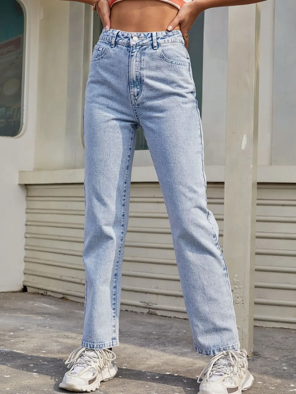 High Waist Straight Jeans with Pockets, image 3