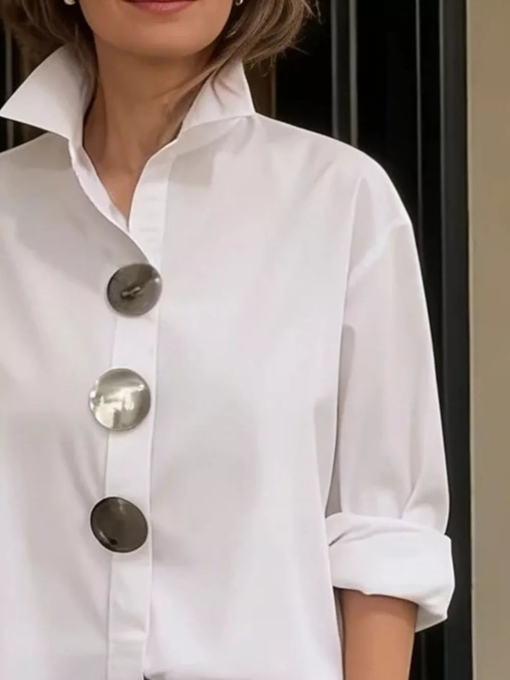 Full Size Oversized Metal Button Long Sleeve Shirt Plus Size, image 3
